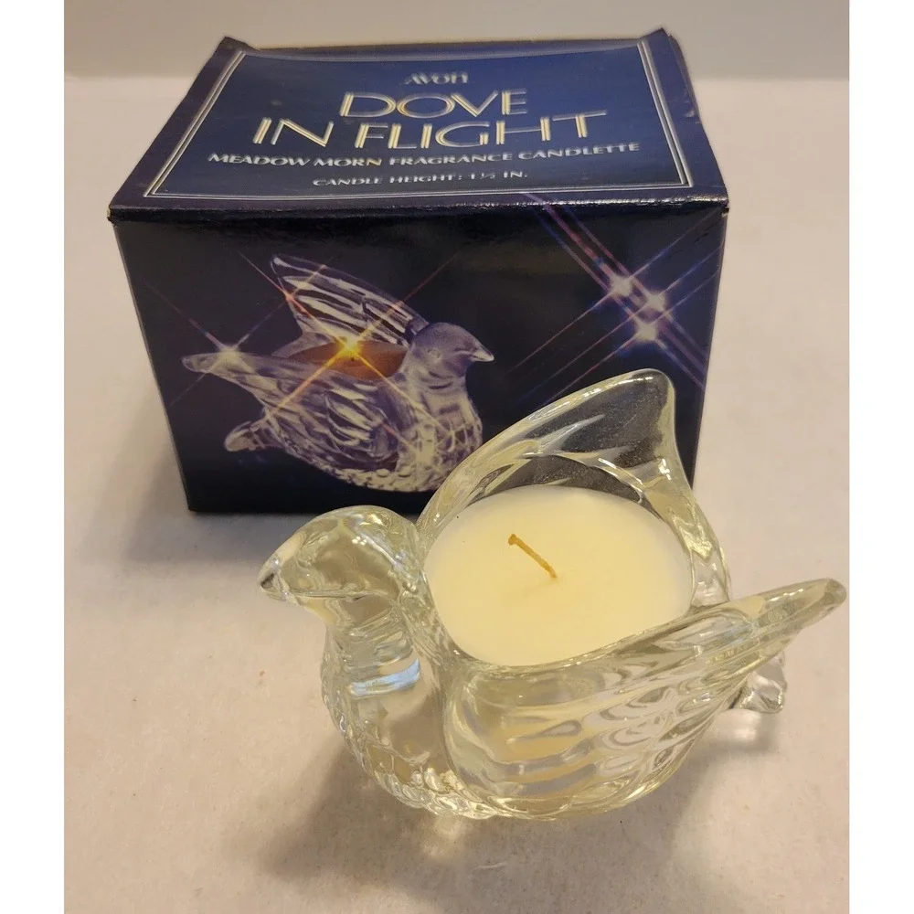 VTG Avon Candle Holder Dove In Flight Meadow Morn 1970s Collectible Glass w/ Box